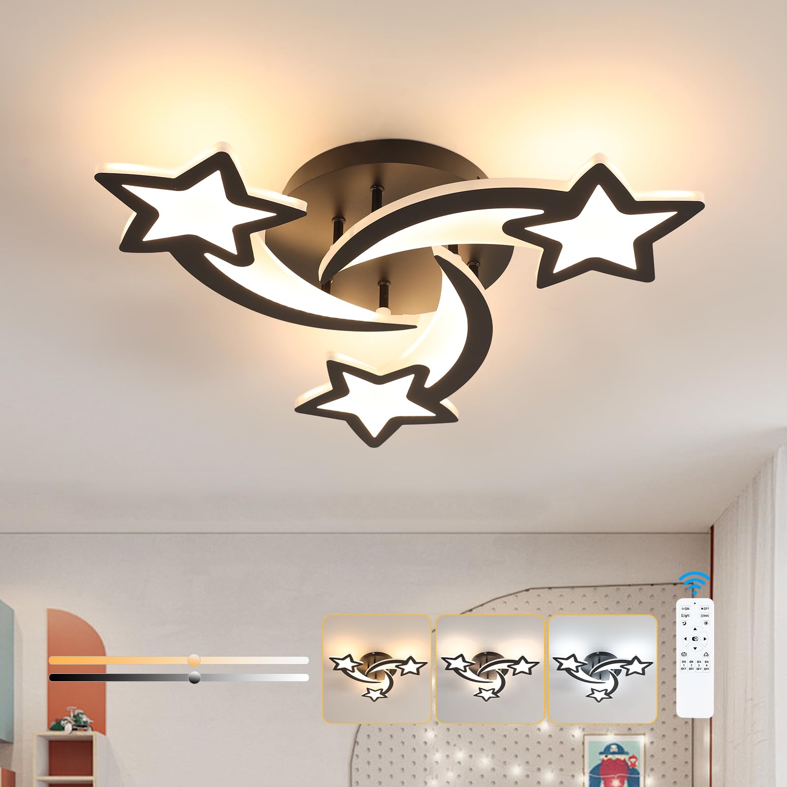 Goeco Ceiling Light Dimmable with Remote Control, 30 W LED Ceiling Light Bedroom Modern, Creative Star Shapes, Living Room Lamp, Aluminium for Childrens Room, Bedroom, Dining Room, Black, 3000-6500 K