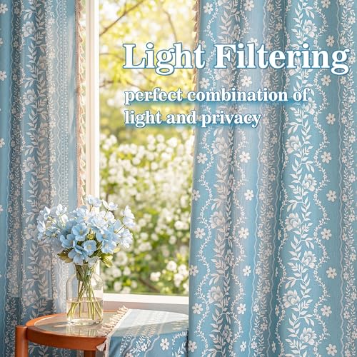 Image of MYSKY HOME Short Boho Floral Tier Curtains 30 Inch Length for Cafe 2 Pcs | Linen Blend Semi Sheer Drapes Rod Pocket Light Filtering with Tassels for Cafe Bathroom over Sink, Dusty Blue, 26 inch Wide