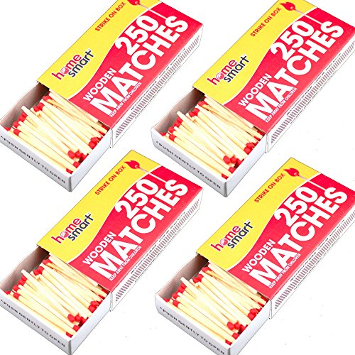 SH Wooden Matches, Kitchen Matches, Strike on Box Matches, 4 Boxes of 250 in Each Box for a Total of 1000 Matches, Thick Stick for Longer Burn time. (2 Packs of 500)