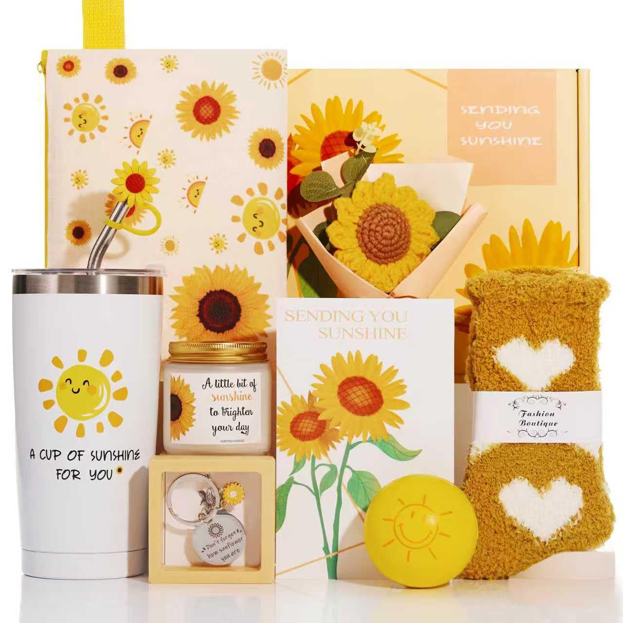 DUOROUBAO Sunflower Gifts for Women - Pamper Hamper & Get Well Soon with Yellow Sunshine Gift - Self Care Package, Birthday Basket Box for Her - Care Package for Mum, Wife, Sister, Best Friend