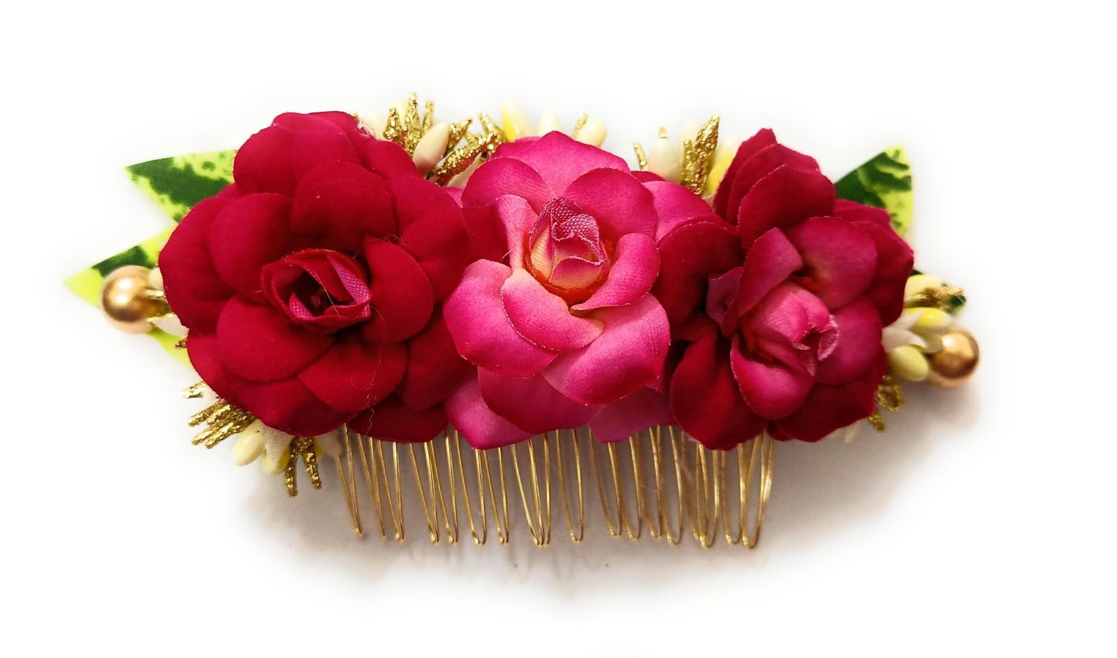 CRAnsh Creations Flower Metal golden Comb Fancy Hair Clip/Side Pin/Comb Pin/Jooda Pin Hair Accessories with Cloth flower for women and girls pack of 1Fuchsia pink