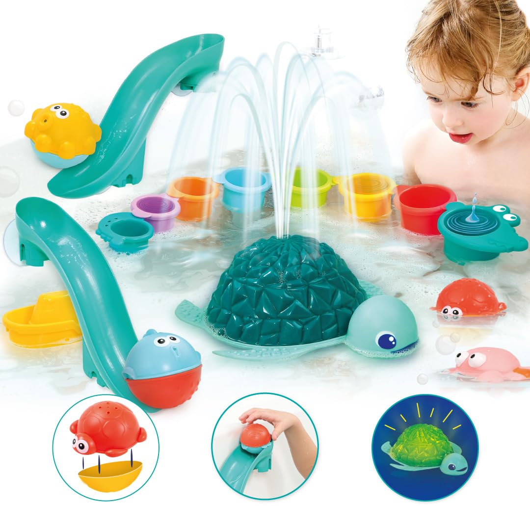 LUDI – Coffret de Bain XXL – 16 Jeux d’Eau interactifs – Toboggans, Tortue Lumineuse et Cups Pluie – Développe motricité et Coordination – Dès 10 Mois