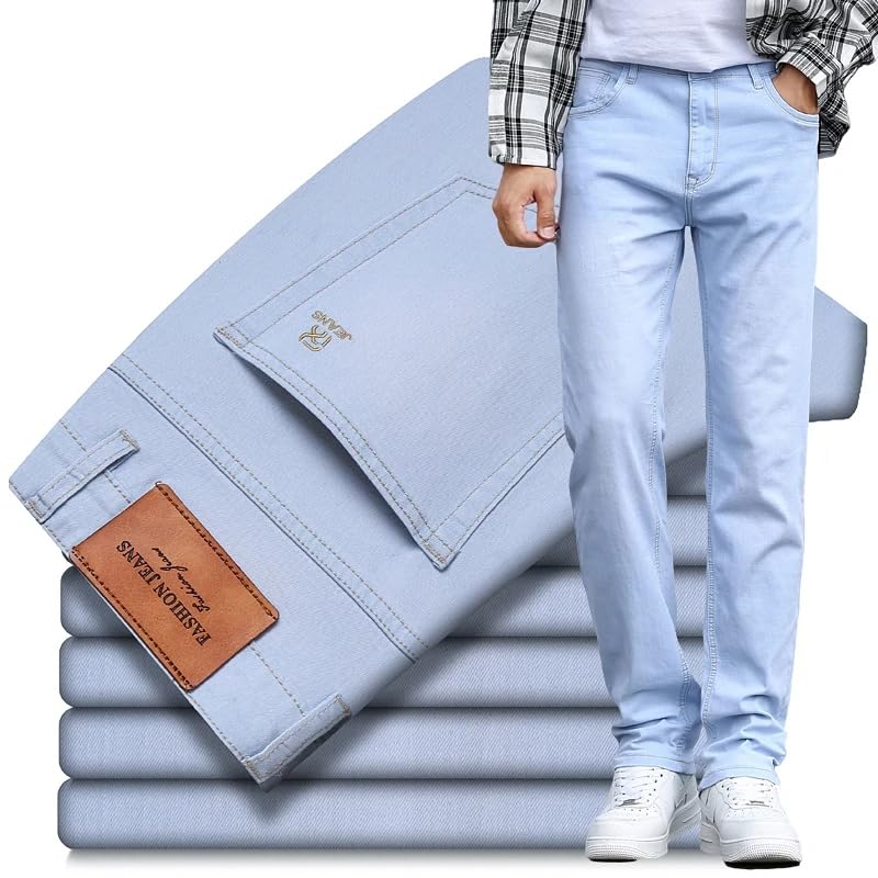 Spring Summer Men's Sky Blue Slim Stretch Jeans Classic Style Casual Denim Pants Male Trousers2