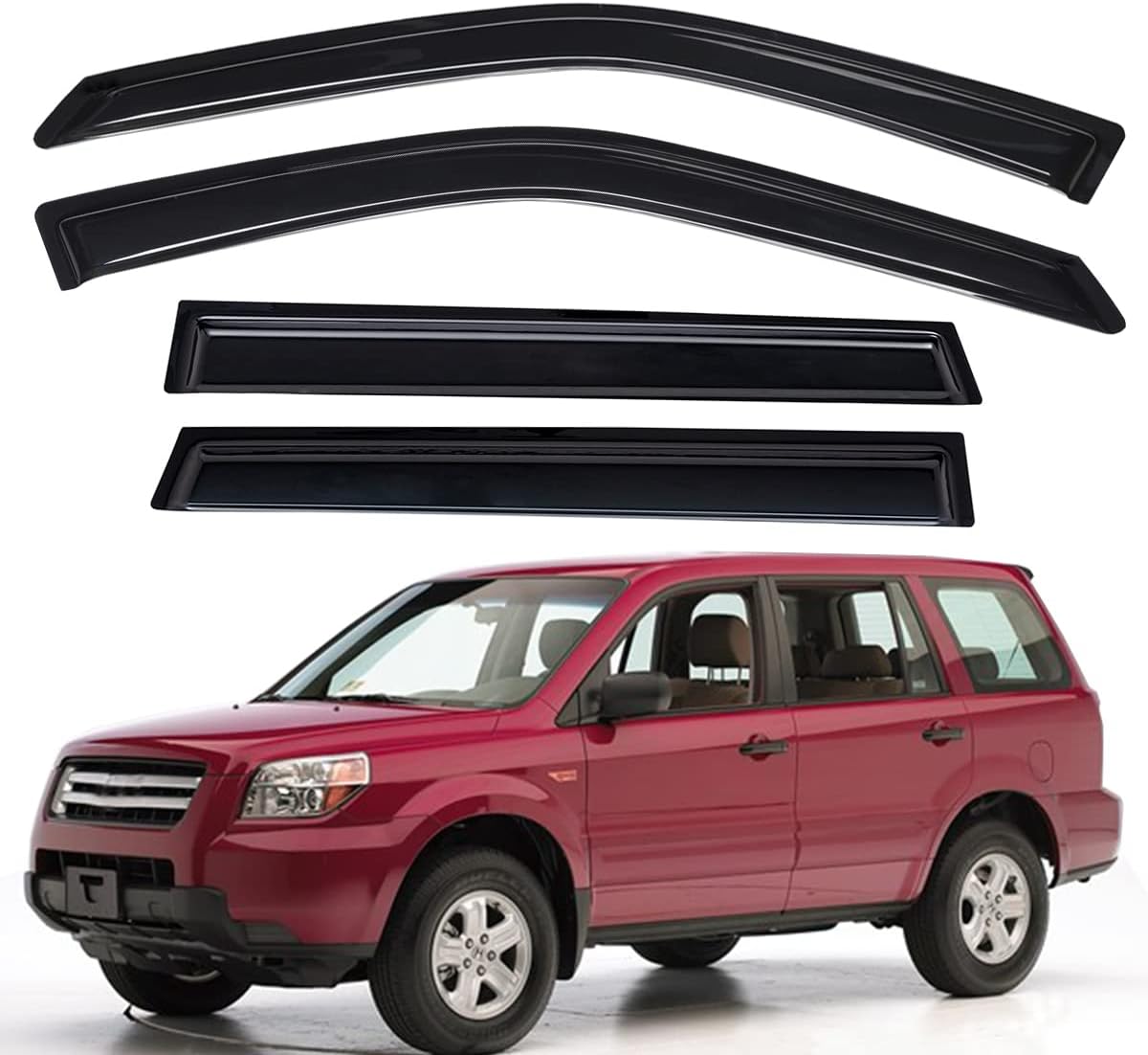 Lightronic Extra Durable Outside-Mount Auto Vent Window Visor, Fits 2003-2008 Honda Pilot, UV Protection Rain Guard, Original Wind Deflector, No-Drill Easy Install, Dark Smoke, 4-Pcs