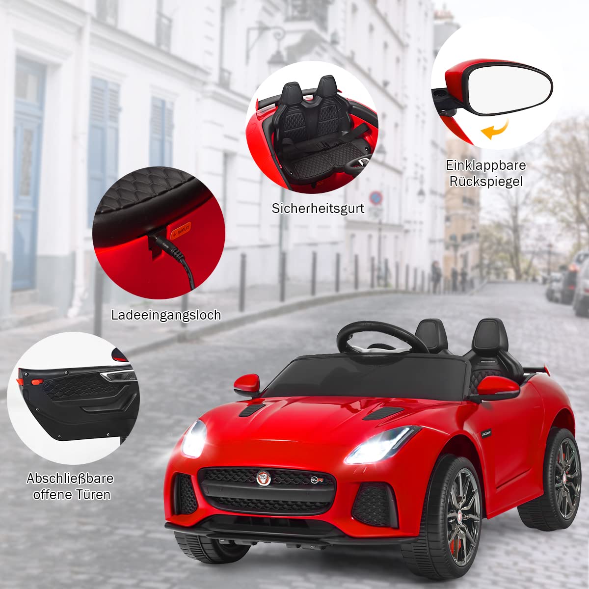 COSTWAY Jaguar elektryczny samochód dziecięcy z historiami, muzyką, klaksonem i reflektorem, 12 V, z pilotem zdalnego sterowania 2,4 G, samochód elektryczny 3-5 km/h, dla dzieci od 3 lat (czerwony)