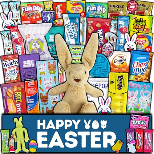 Easter Care Package (50ct) - Candy Snacks Treats Plush Bunny Chocolate Cookies Gift Box Bundle...
