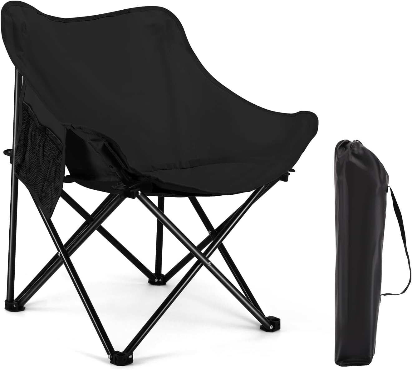 Folding Camping Chairs Oversized Heavy Duty Lawn Chair with Cooler Bag, Storage Pocket, Collapsible Padded Outdoor Arm Chair (Black)