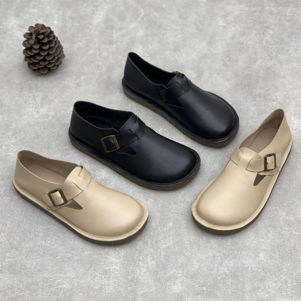 Zapatillas Mujer Planos Piel Auténtica Hebilla Punta Estilo Vintage
