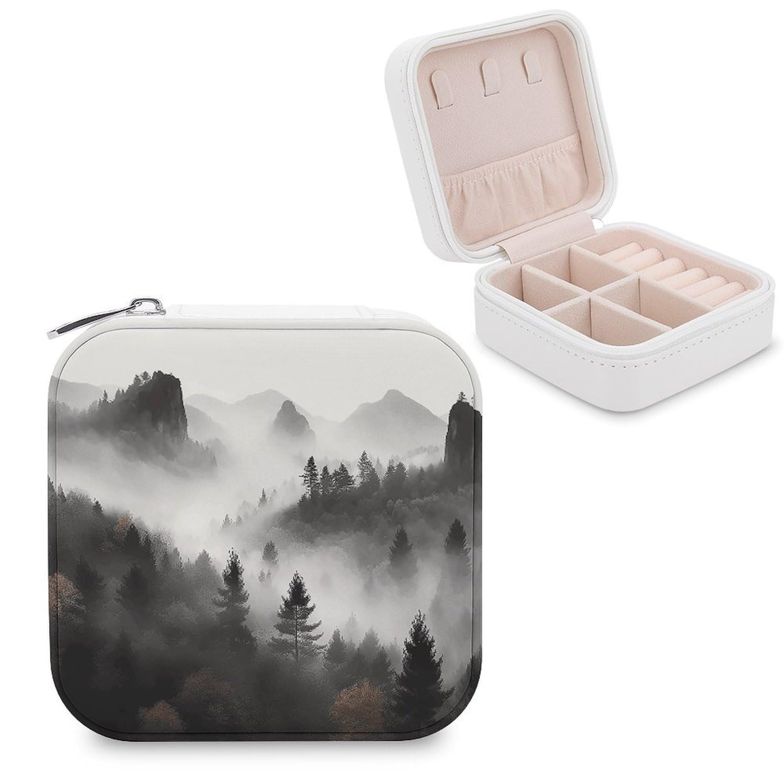 FekiLoot Foggy Mountains Forest Jewelry Case Personalized Leather Jewelry Box Mini Travel Jewelry Case Small Portable Jewelry Organizer for Ring Earrings Necklace Bracelet