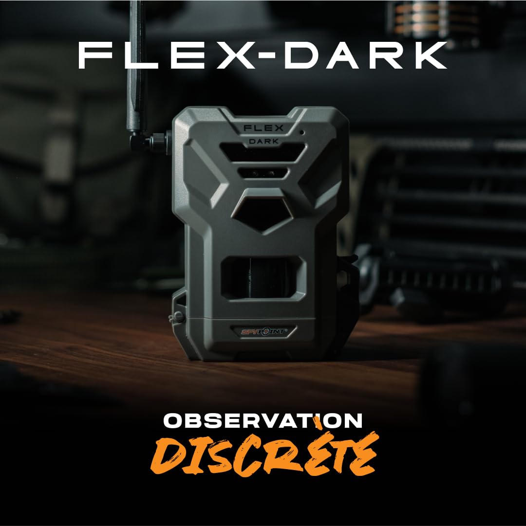 SPYPOINT Flex-Dark Caméra de Chasse cellulaire 40MP, vidéo 1080p avec Son, Vision Nocturne sans Lueur, détection 30 m, sans Wi-FI, Infrarouge Invisible, pour Sentier et gibier | SIM préactivée, 8 piles AA requises, Sangle incluse, Détection 30m, Compatibl