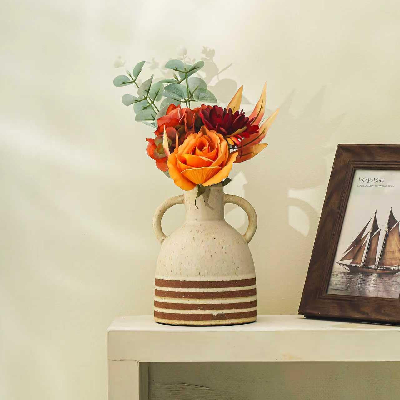 Ceramic Rustic Farmhouse Vase with Handles, 6.9 inch Vintage Stripe Terracotta Vase, Pottery Decorative Flower Vase, Boho Clay Vases for Home Decor, Shelf, Table, Living Room, Mantle