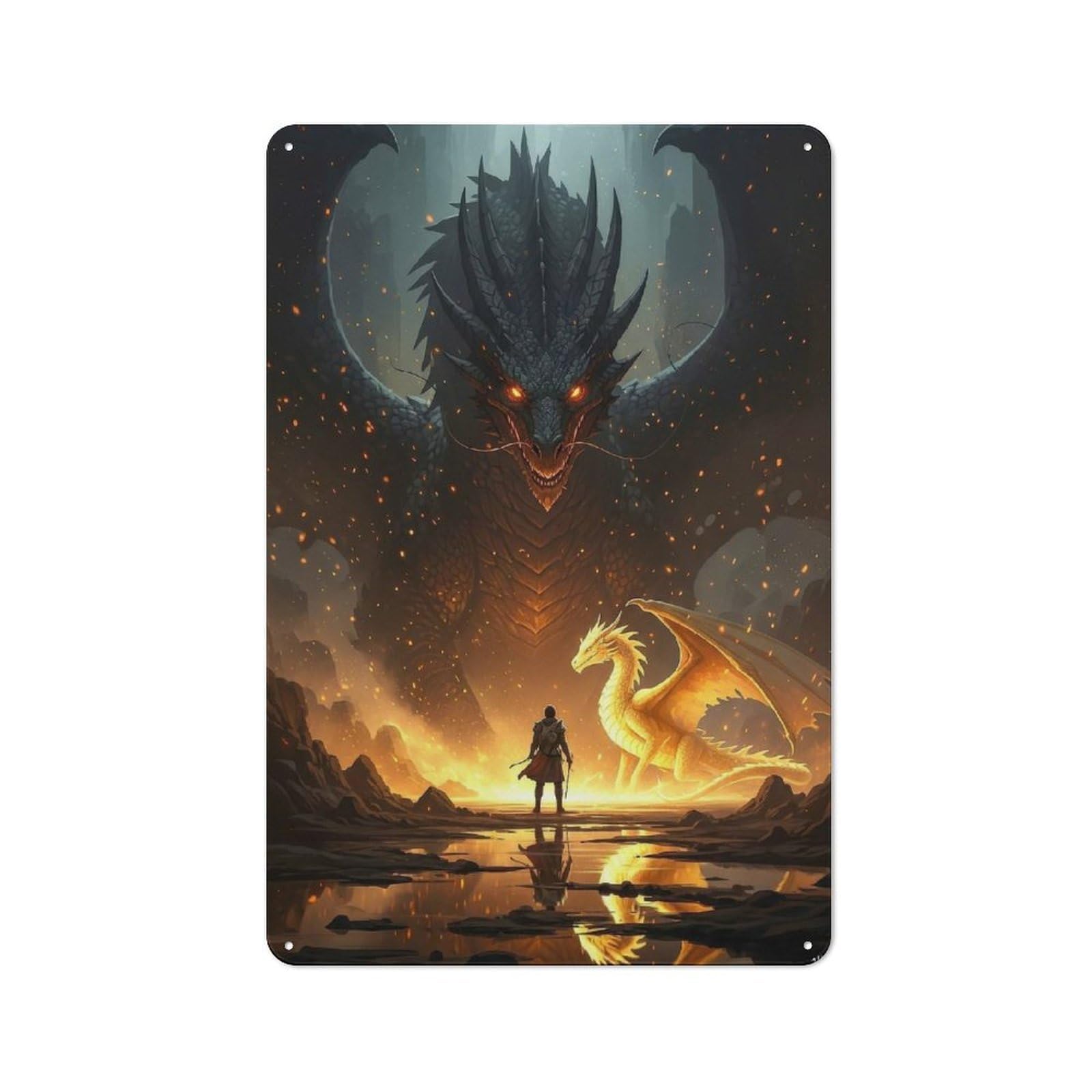 Junmoney Style-5 Dragon Confrontation Hero And Beasts Metal Tin Sign, Clear Colour Print, For Garage, Shed, Workshop Or Hobby Room, 30X20cm