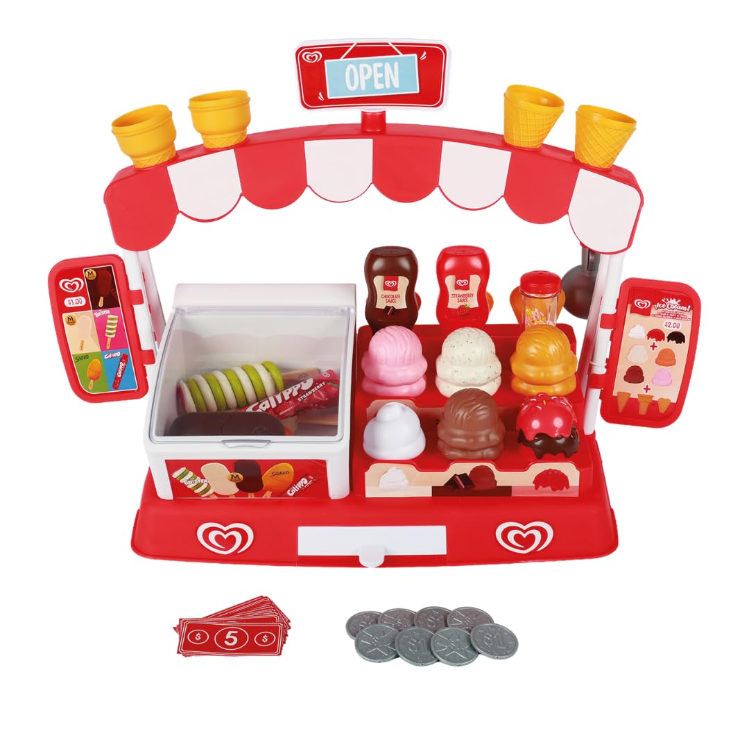 Casdon Official Walls Ice Cream Parlour Playset - Pretend Ice Cream Shop Toy for Children Aged 2+ - With Freezer, Scoop Stand, Play Money & 35+ Pieces