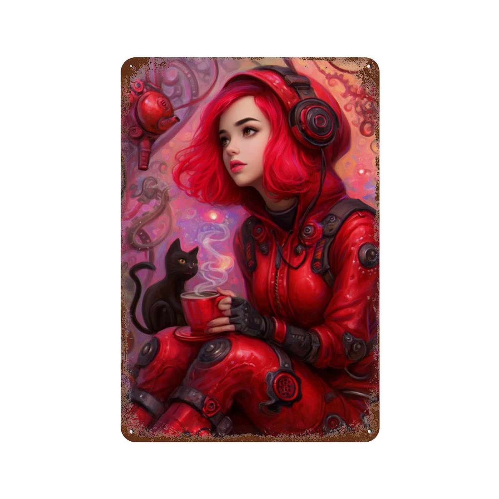 Steampunk Woman with Cat 11.8"x7.9" Aged Metal Wall Plaque, Retro Wall Decor for Farmhouse, Kitchen And Entryway Decor
