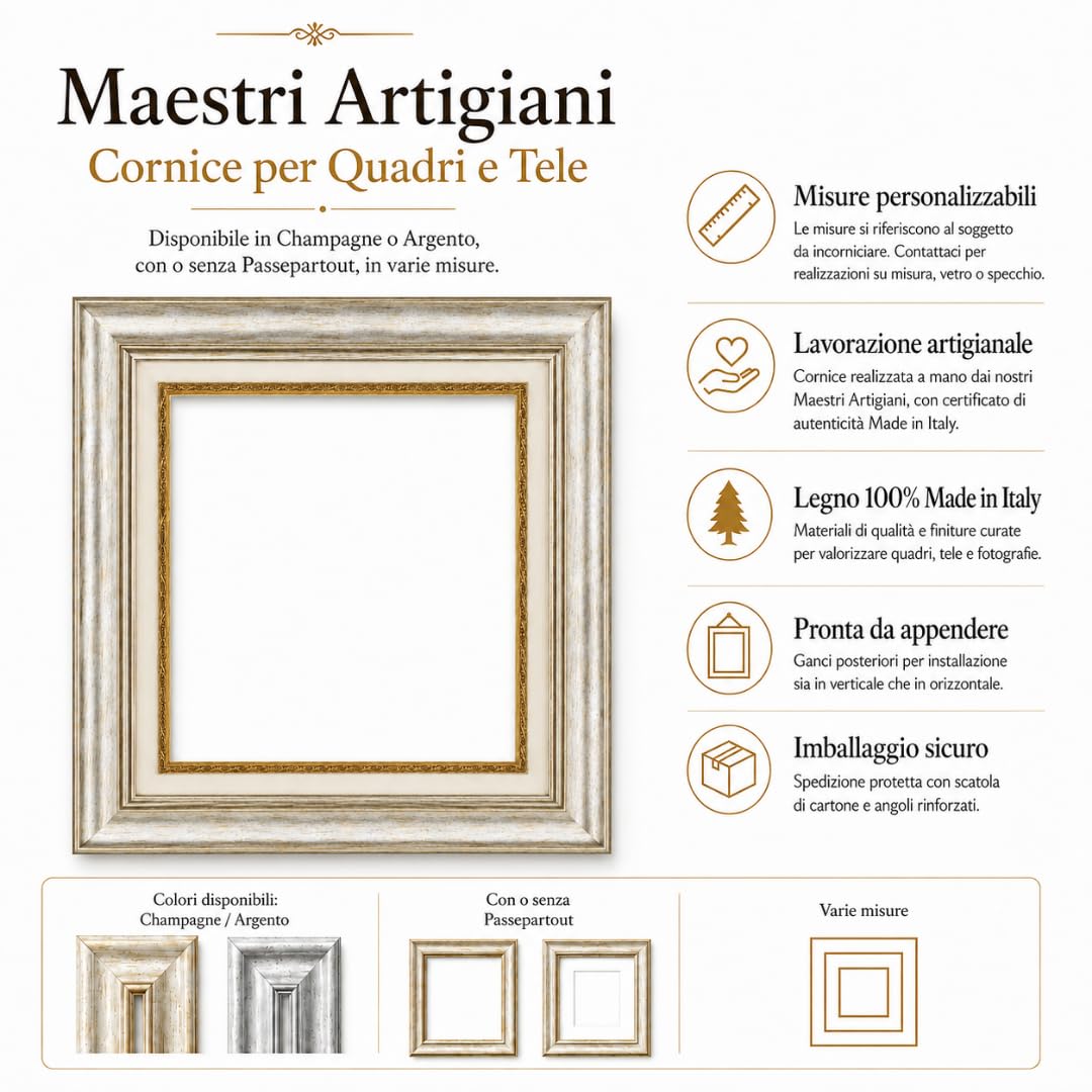 Maestri Artigiani - Cornice Per Quadri Tele Champagne Argento Passepartout (25 x 30 cm + passepartout, ARGENTO)