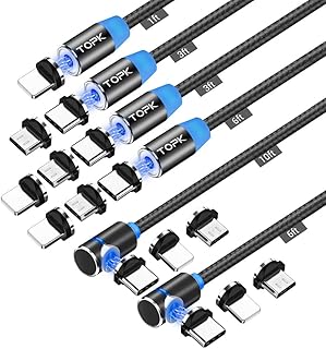 TOPK Magnetic Charging Cable, Magnetic Phone Charger [6-Pack,1ft/3ft/3ft/6ft/6ft/10ft],3-in-1 Magnetic USB-A to Micro USB,USB C Cable Compatible with Android Devices (Black)
