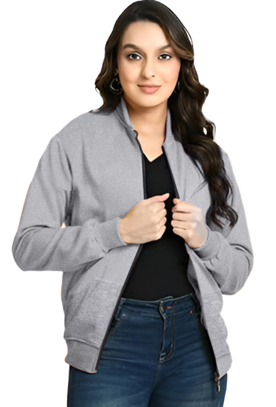 leotude Women Lightweight Solid Grey Bomber Jacket Material Loopknit Size M-picture-49