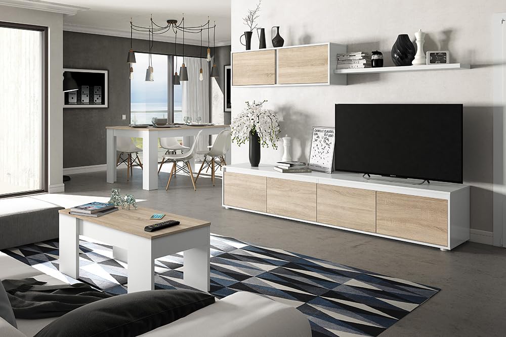 Habitdesign Modèle Alida Meuble de Salon Moderne Finition Blanc « Artik » et chêne Canadien, Dimensions : 200 x 43 x 41 cm (l x H x P).
