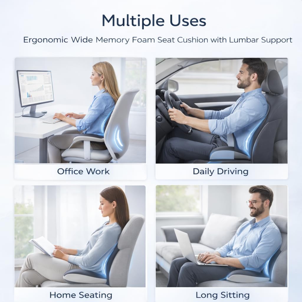 MOYEE Wide Memory Foam Seat Cushion with Lumbar Support for Office Chair & Car Seat, Ergonomic Design for Long Sitting, Gradual Relief & Lasting Support for Back, Tailbone & Sciatica Pain