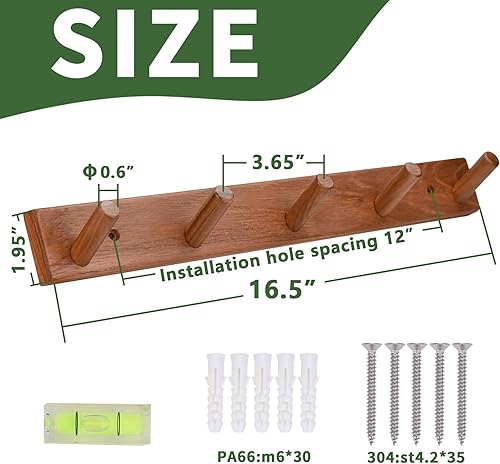 Miniatura 2 de Perchero de pared de teca natural (juego de 2, 16.6 pulgadas), ganchos de entrada de granja con 5 ganchos de madera cada uno, clavijas rústicas de