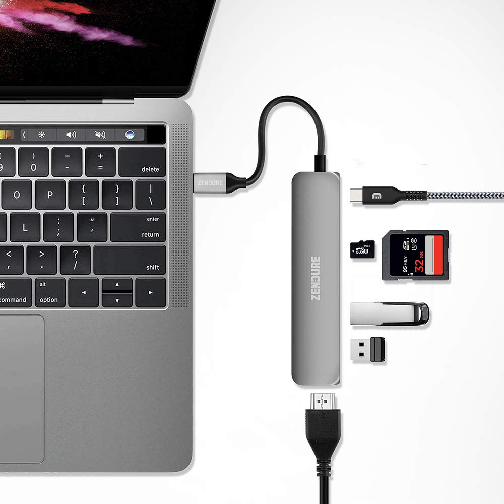 Zendure 6-in-1 Slim USB-C Charging Hub (Adaptador de aluminio con 4K USB-C a HDMI, Lector de tarjetas MicroSD/SD y 2 puertos USB 3.0, compatible con MacBook, iPad, Chromebook, XPS y muchos más), Plata