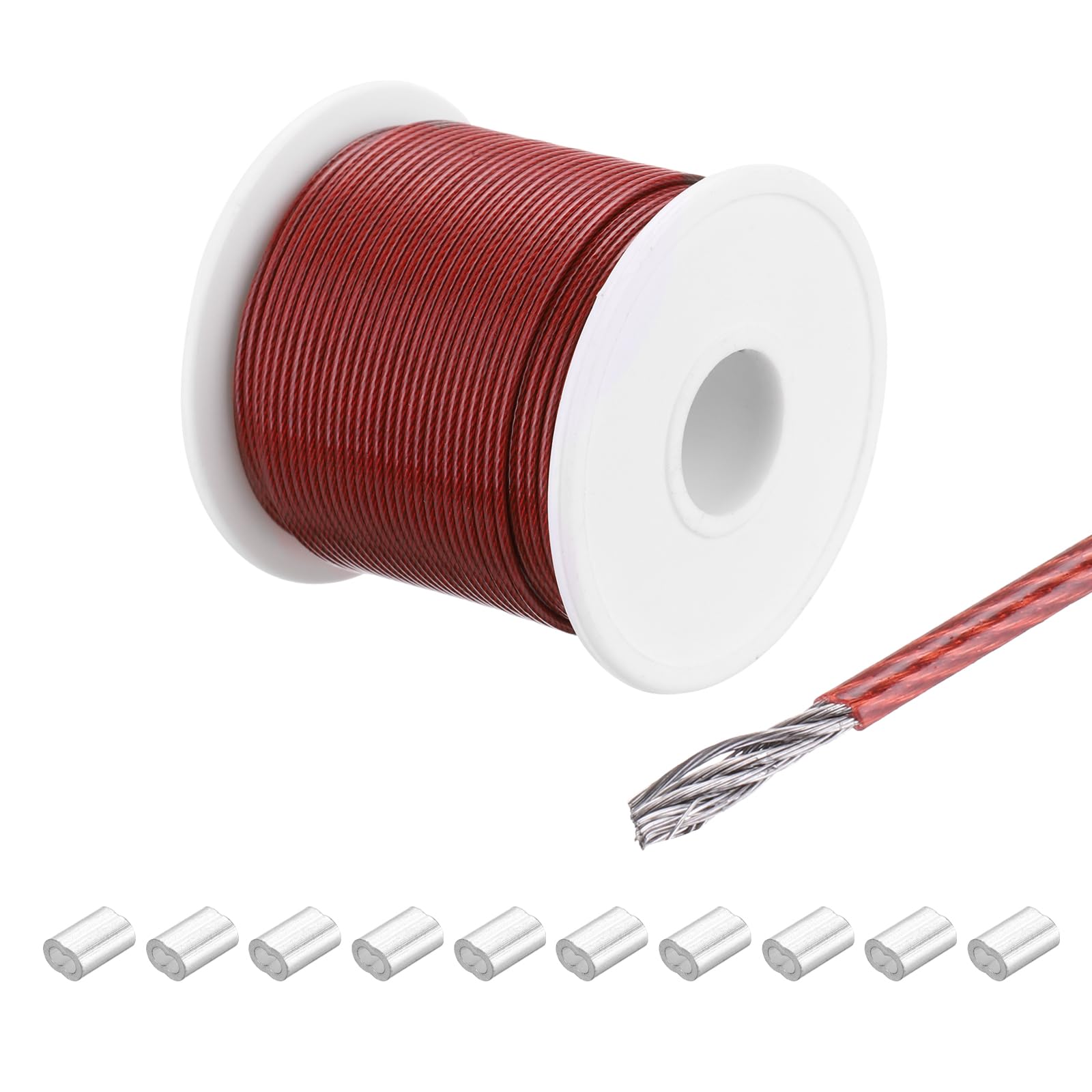MECCANIXITY 197Ft(60M) Wire Rope 304 Stainless Steel Cable 1/16" (1.5 mm) Vinyl Coated with 10pcs Aluminum Sleeves for Hanging, Clotheslines, Lifting