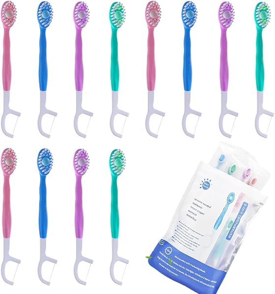 12 Pezzi Spazzolini da Viaggio 5 in 1 Monouso, con Dentifricio Integrato, Filo Interdentale e Raschietto Lingua (Sapori Assortiti) - 1