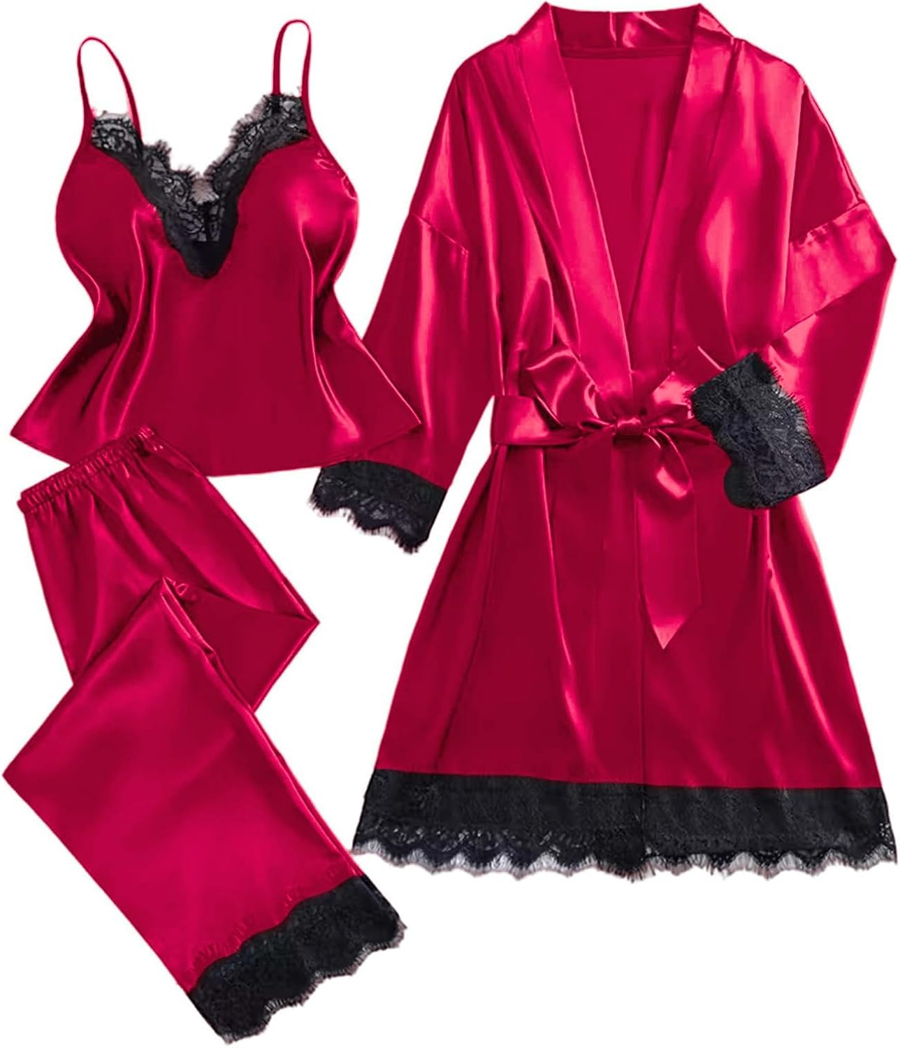 Women' s Silk Satin Pajamas Set 3 Piece Lingerie Floral Lace Cami Chemise Pants Sleepwear with Robe Loungewear