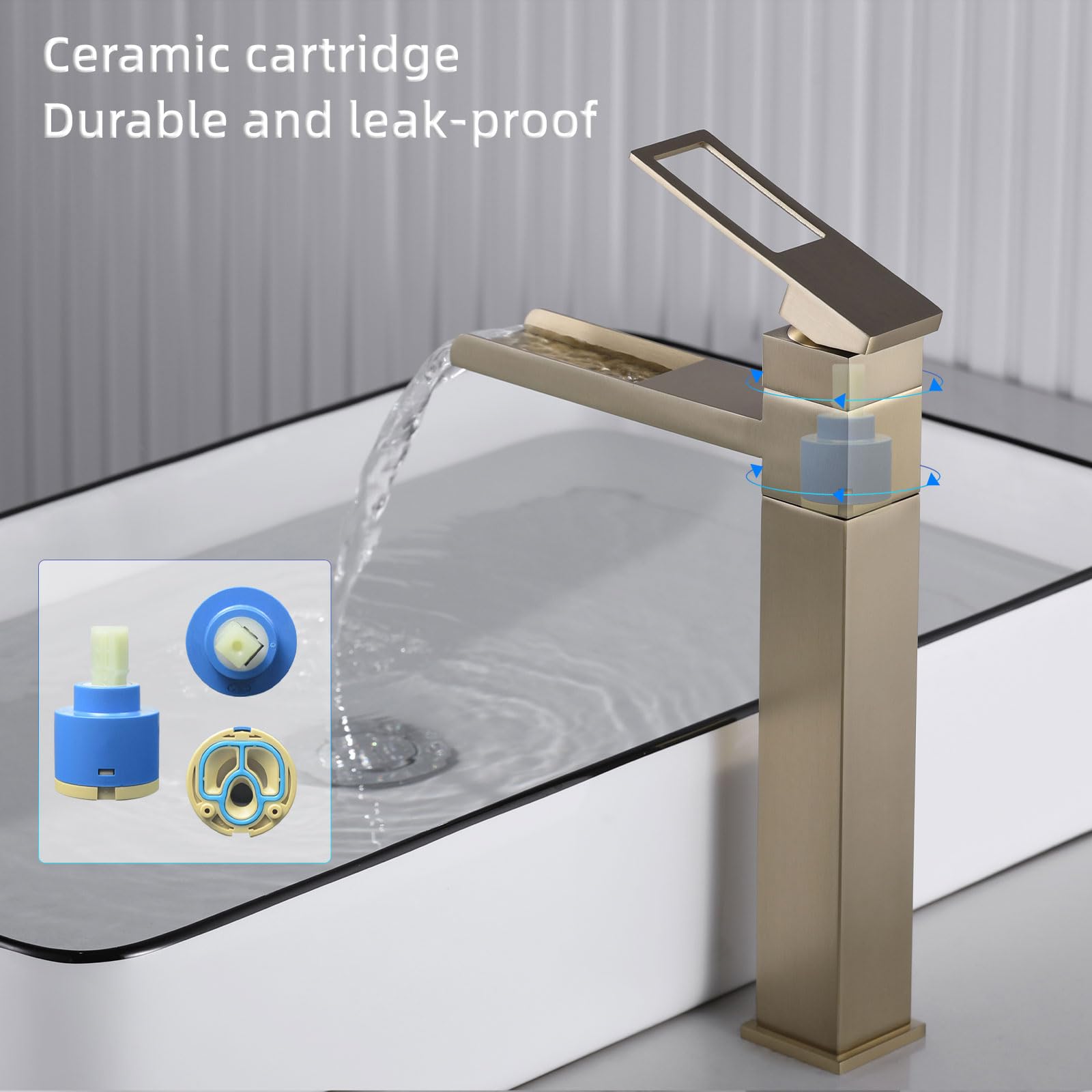 Robinet Lavabo Haut, Robinet Salle Bain Cascade, Mitigeur Lavabo Rotatif 360°, Mitigeur pour Vasque, Réglable Chaud et Froid, Or Brossé, 6M4OK-T