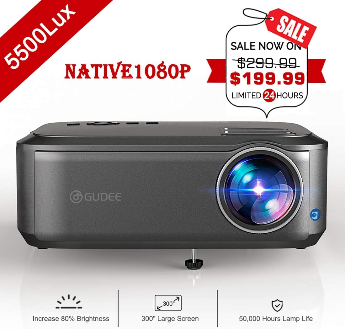Video Projector, GuDee 5500 Lux Native 1080P Full HD HDMI Office Projector for Laptop Business PowerPoint Presentation and Home Theater, Compatible with iPhone/Android/USB/HDMI