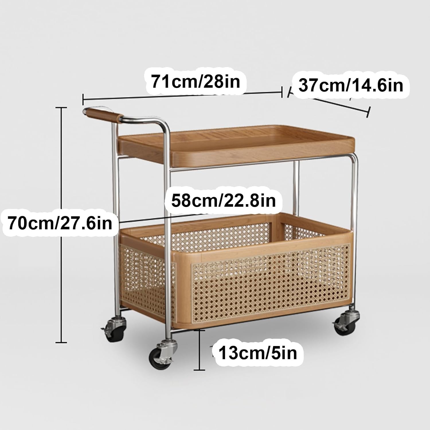 Mobile Side Table with Breathable Storage Basket, Handrail Design, End Table for Small Spaces, Wheels (Beige)