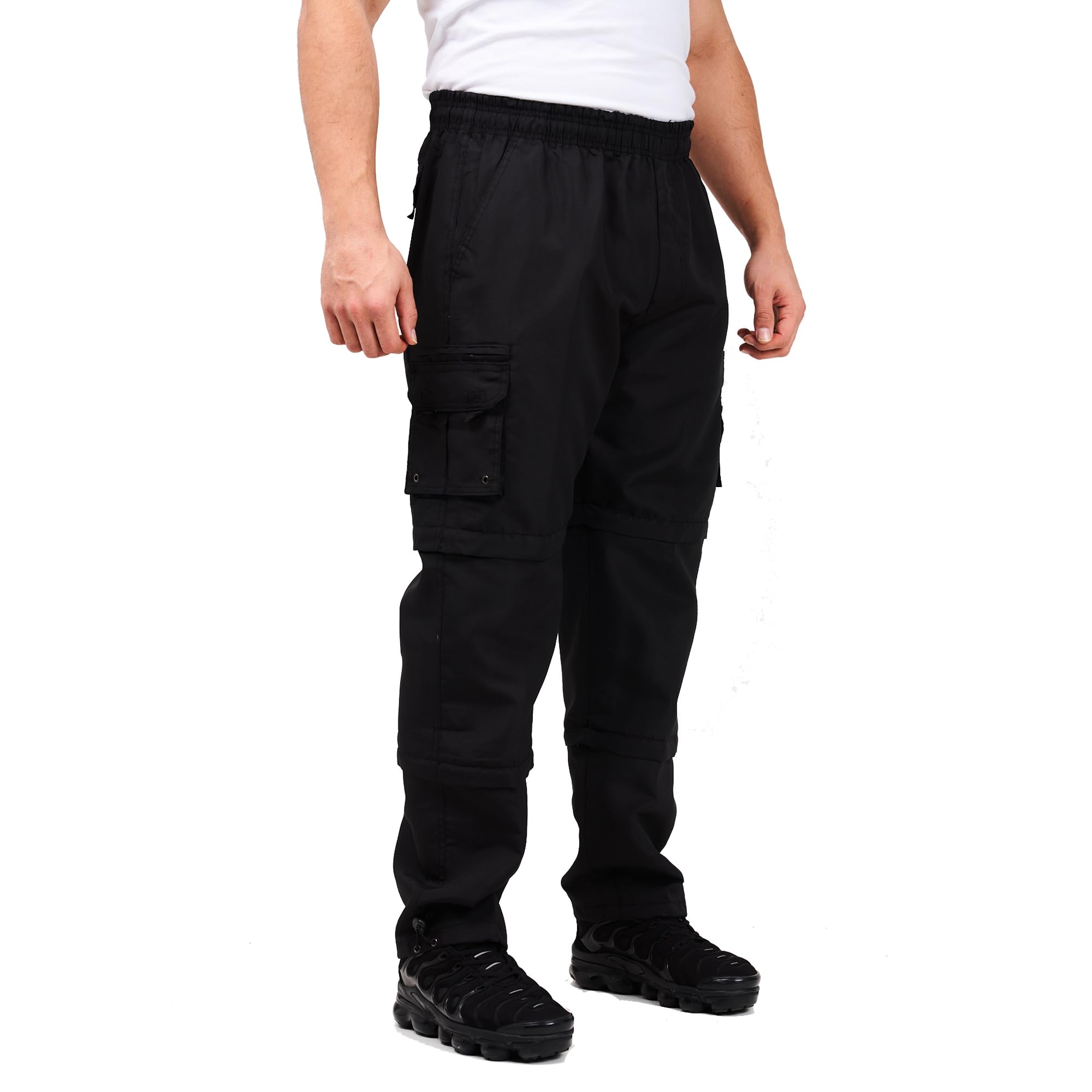 LABEL APPAREL Men's 3-in-1 Zip-Off Cargo Trousers – Convertible Combat Pants to 3/4 Shorts, Elasticated Waist Workwear Bottoms (M–3XL) Black