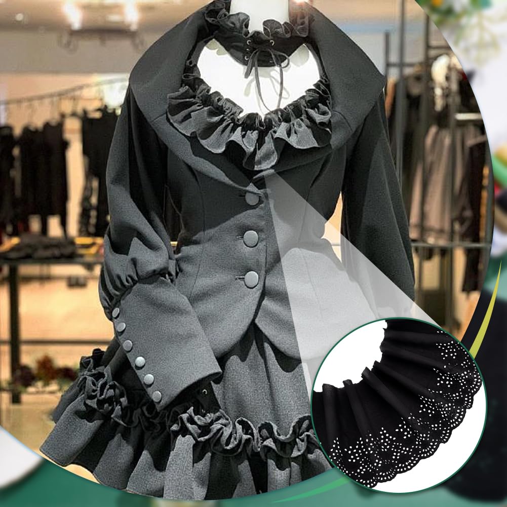 MAYJOYDIY 4,6 m × 20,5 cm, ribete de encaje de algodón con ojales, borde ondulado, borde negro, cinta de encaje floral con volantes florales para coser vestidos, ropa, bolsos, regalo
