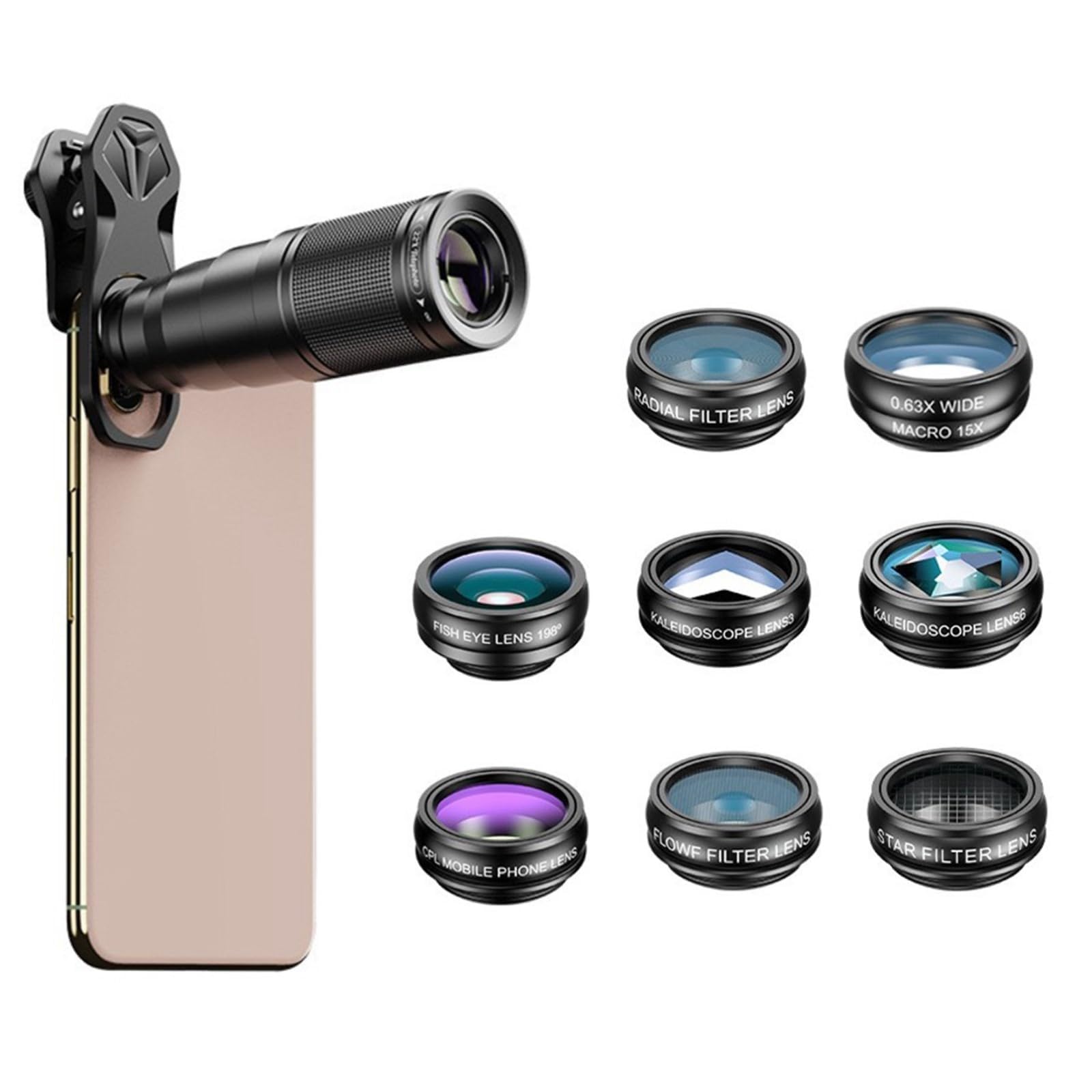 Obbiettivi Smartphone 10 in 1, Obiettivo macro 15x, Fisheye 198°, Teleobiettivo 22x, Grandangolo 0,63x,Macro lens,con la maggior parte degli smartphone