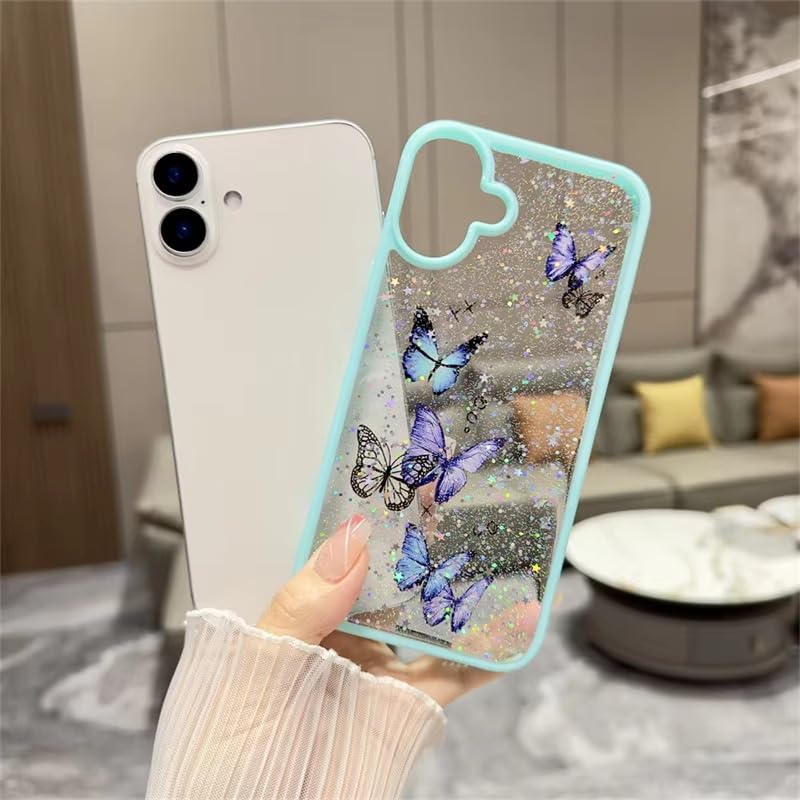 Image of VONZEE for iPhone 16 Plus Clear Glitter Butterfly Case, Cute Bling Sparkle Shiny Soft TPU Bumper Shockproof Women Girls Slim Protective Phone Cover for iPhone 16 Plus 6.7 inch,Mint Green
