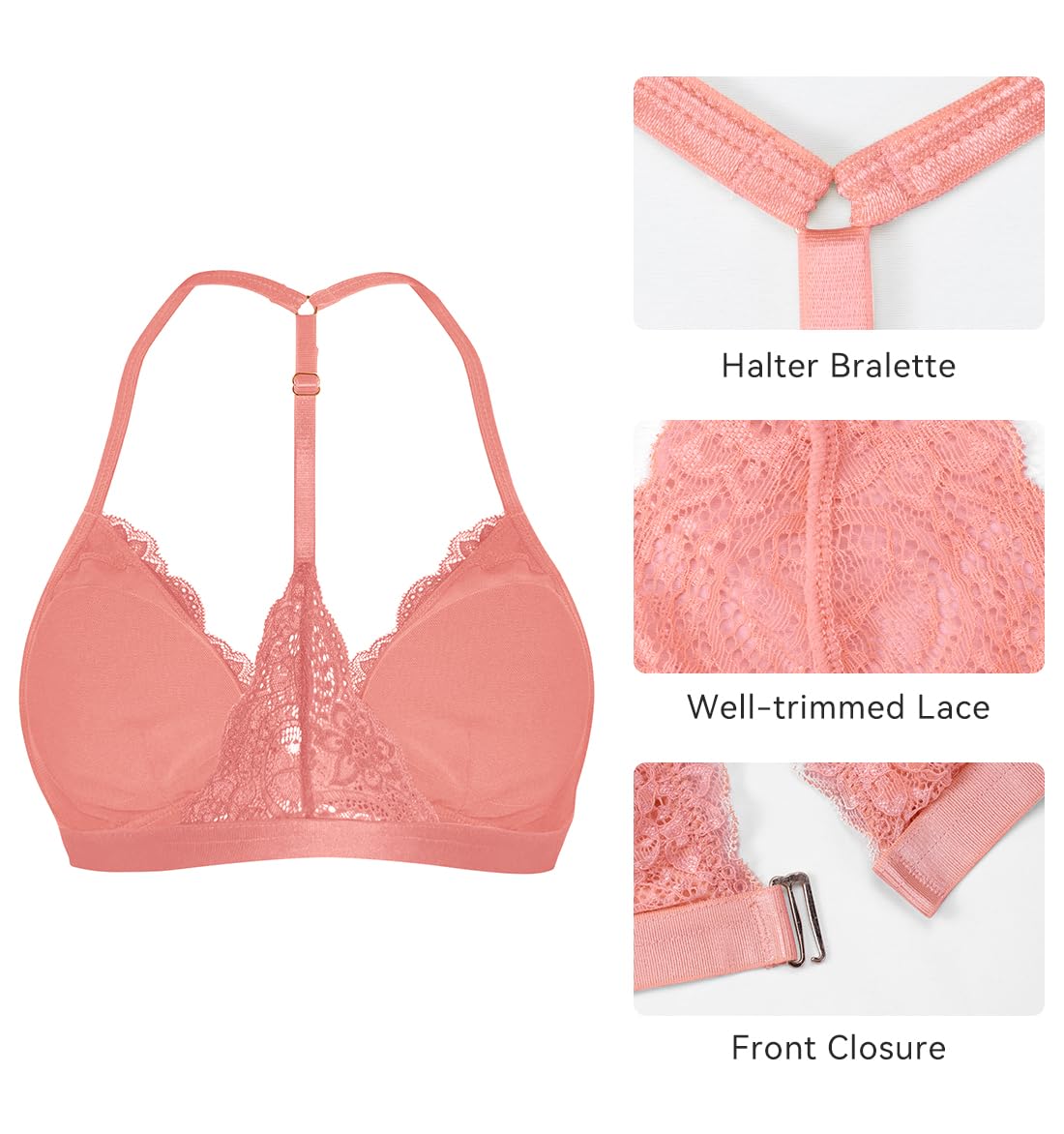 SHEKINI Sujetador triangular bordado para mujer, cierre frontal, sin varillas, ligeramente forrado