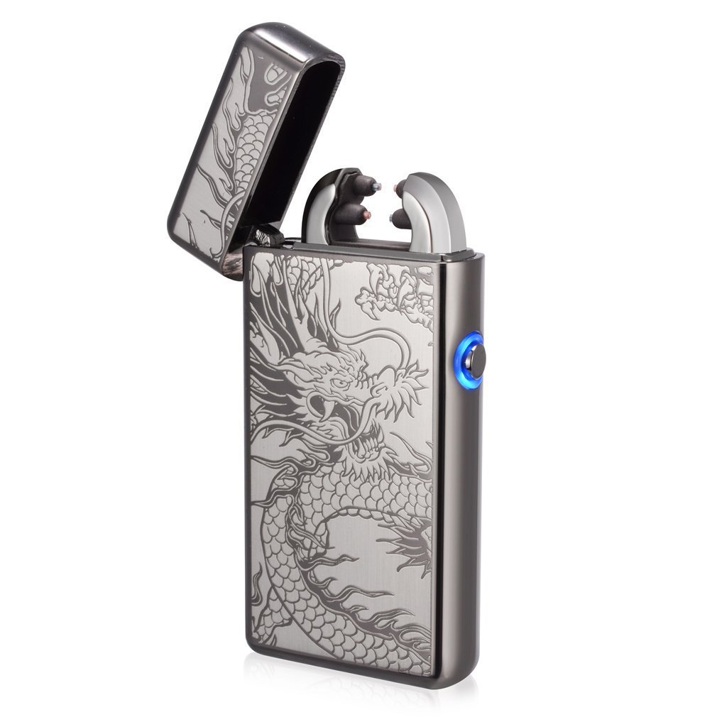 Golden Dragon USB Rechargeable Electronic lighter Windproof, flameless, no gas and fluid required, energy-saving side button double arc lighter.