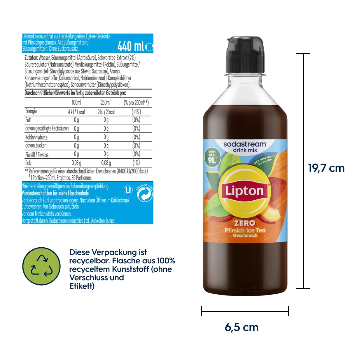 Sodastream drink mix Lipton Zero Pfirsich Ice Tea – zuckerfreier Sirup für gesprudeltes & stilles Wasser, 4er Pack (4 x 440 ml), ergibt bis zu 9L Fertiggetränk