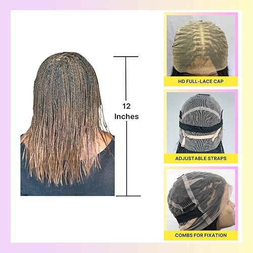 Miniatura 3 de Peluca trenzada tipo caja, pelucas trenzadas sin nudos para mujeres negras, con gorra de encaje suizo completo 360 sin pegamento y cabello humano de