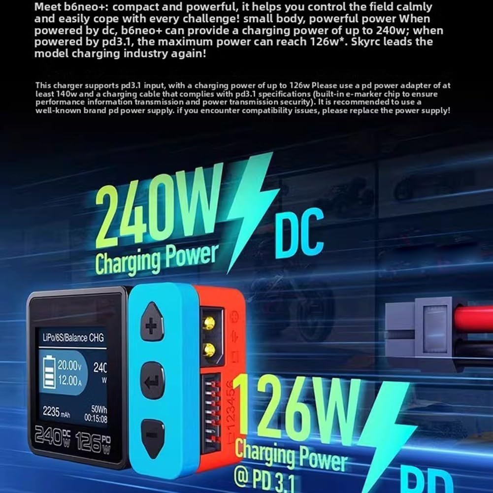 B6neo+ Smart Balance per caricabatterie DC 240 W PD 126 W per LiPo/LiFePO4/NiMH 1S-6S per batteria con xt60 e USB-C, ventola silenziosa 48 dB, ideale per droni, modelli RC e campeggio