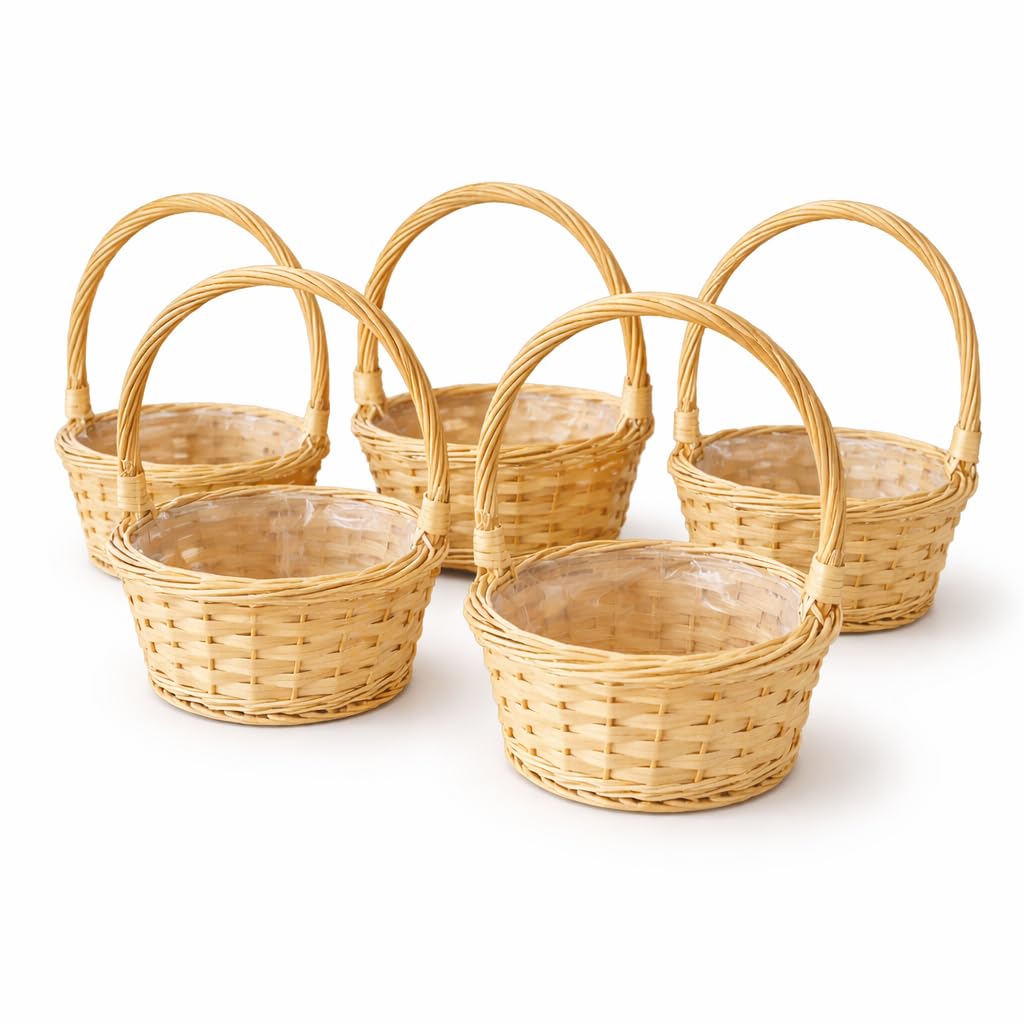 Floralcraft Set of 5 30cm Willow Basket with Handle & Plastic Liner – Natural Wicker Floral, Wedding, Bridesmaid & Multi-Purpose Display Baskets