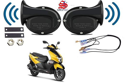 SHOP4U Square Shape Windtone Horn with Wire for TVS NTORQ 125 (Set of 2 Horn with Wire, Black)