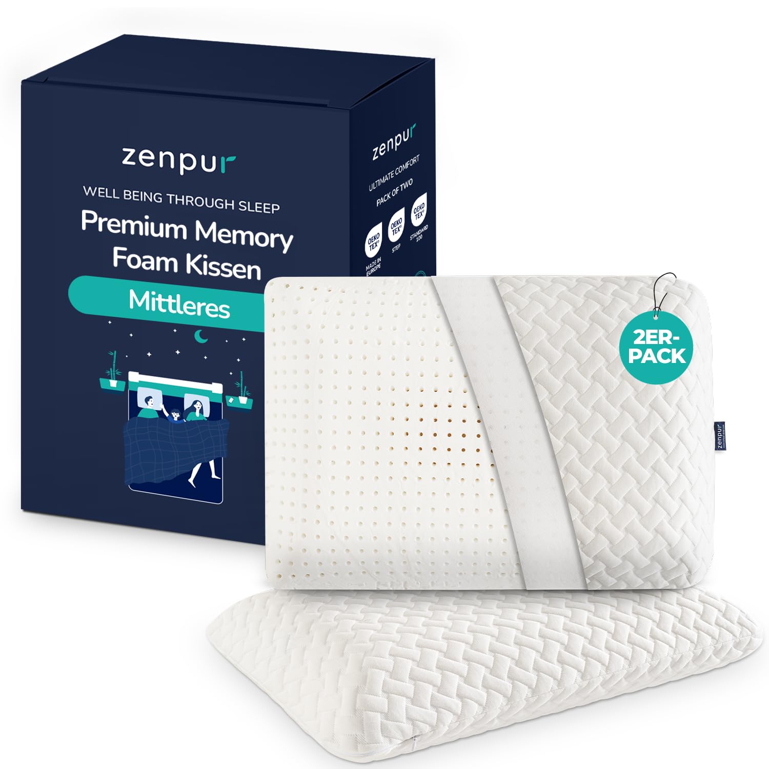 ZenPur Orthopädisches Kissen 2er Set 40x60 (13 cm) Aus Memory Foam Ergonomisches Nackenkissen Memory Schaum Gegen Nackenschmerzen Mittelfest Mit Premium Bambusbezug Oeko-tex Zertifiziert
