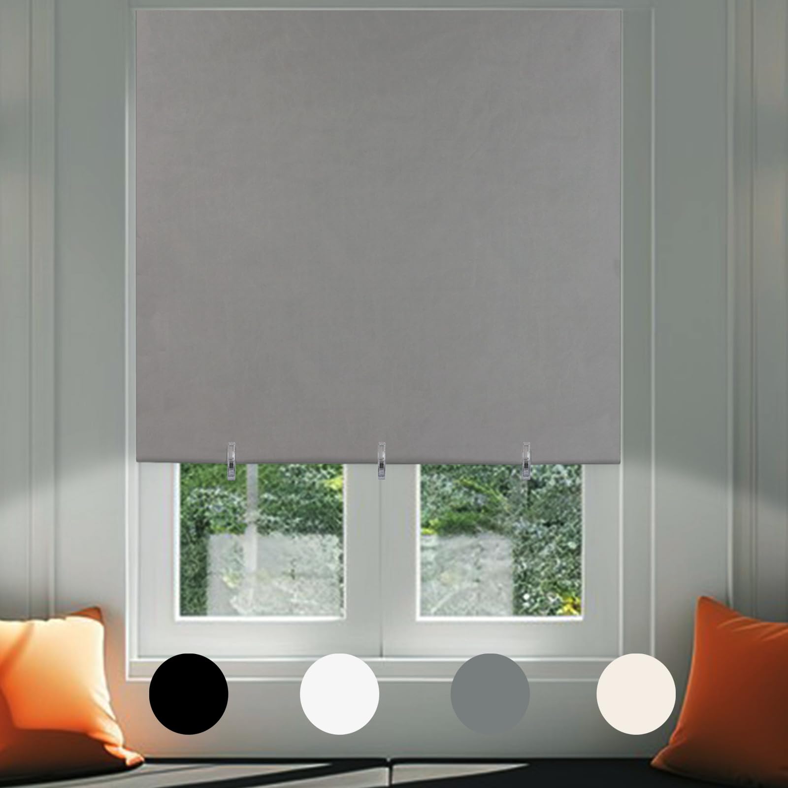 No Drill Blackout Blind Stick on Curtains Thermal Insulated, Adjustable Clips Self Adhesive Cut to Size Easy Fit Temporary Blackout Window Blinds for Bedroom, Nursery (1, Grey, 145W x 200H cm)