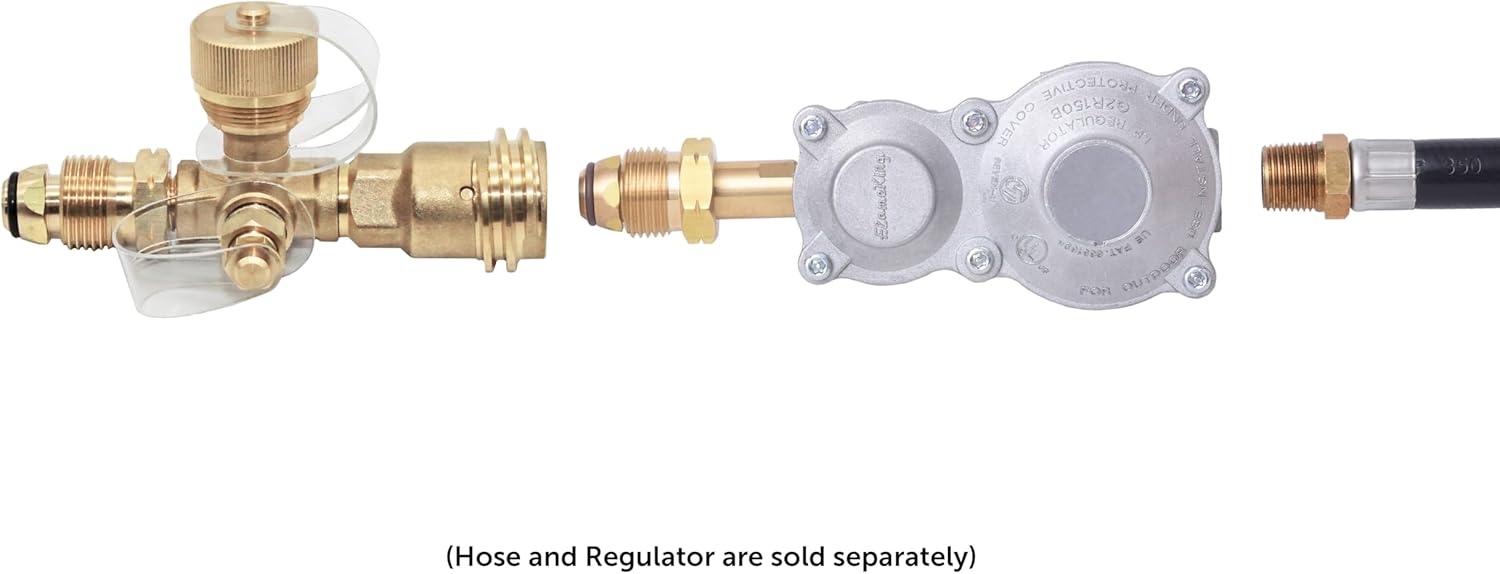 Flame King 4 Port Brass Tee Propane Adapter POL Inlet, 1/4 Inverted Female Flare Inlet, QCC Outlet, CGA600 Outlet (RV-COMBO1)