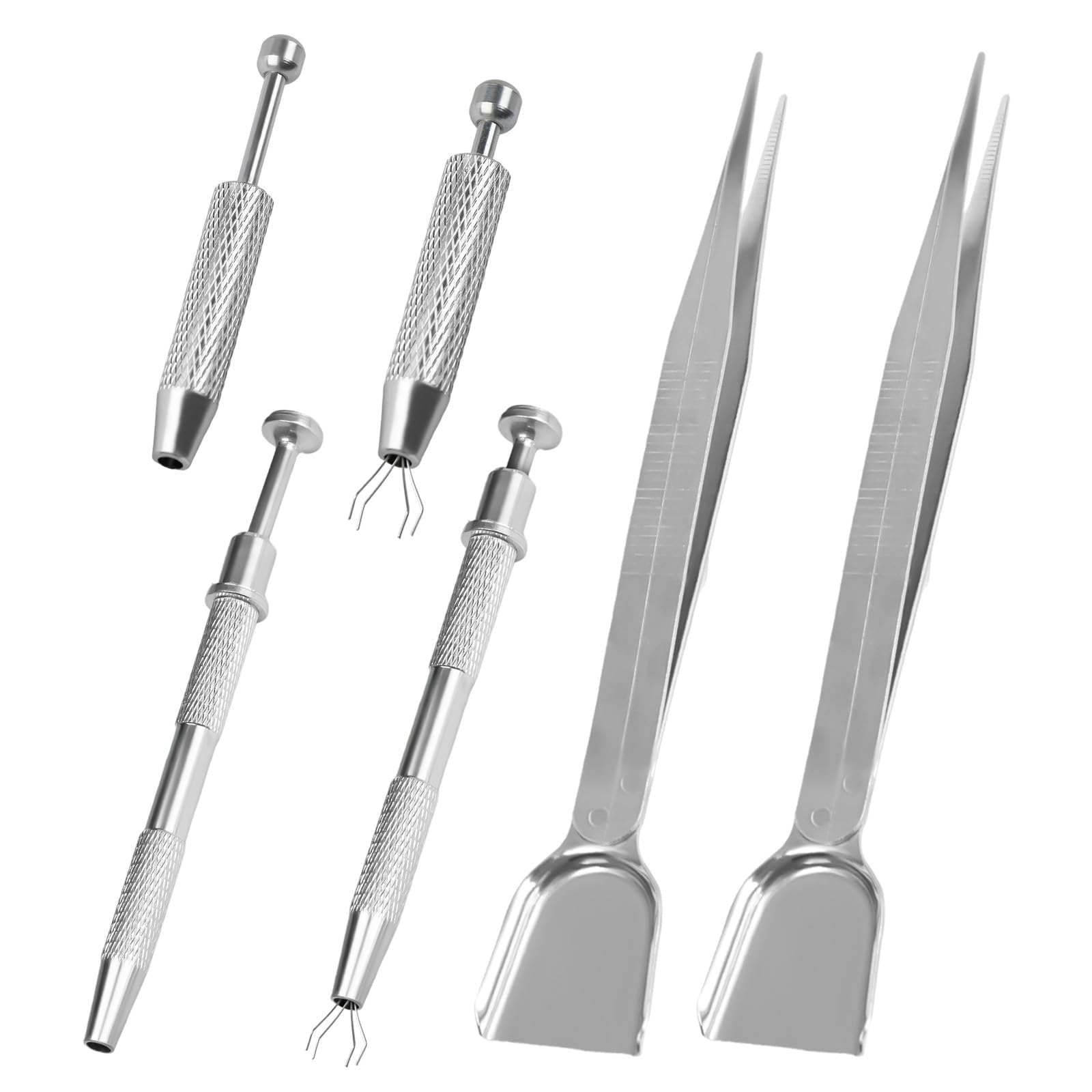 6Pcs Piercing Ball Grabber Tool Set - Stainless Steel Grabber Tool Holder, with 2 Style 4 Claw Jeweler's Pick Up Pen & Tweezers with Shovel Head Spoon