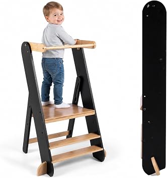 Adjustable Folding Toddler Tower, 3 Level Height Adjustable, Montessori Learning Stool, Kids Standing Tower for Kitchen and Bathroom.