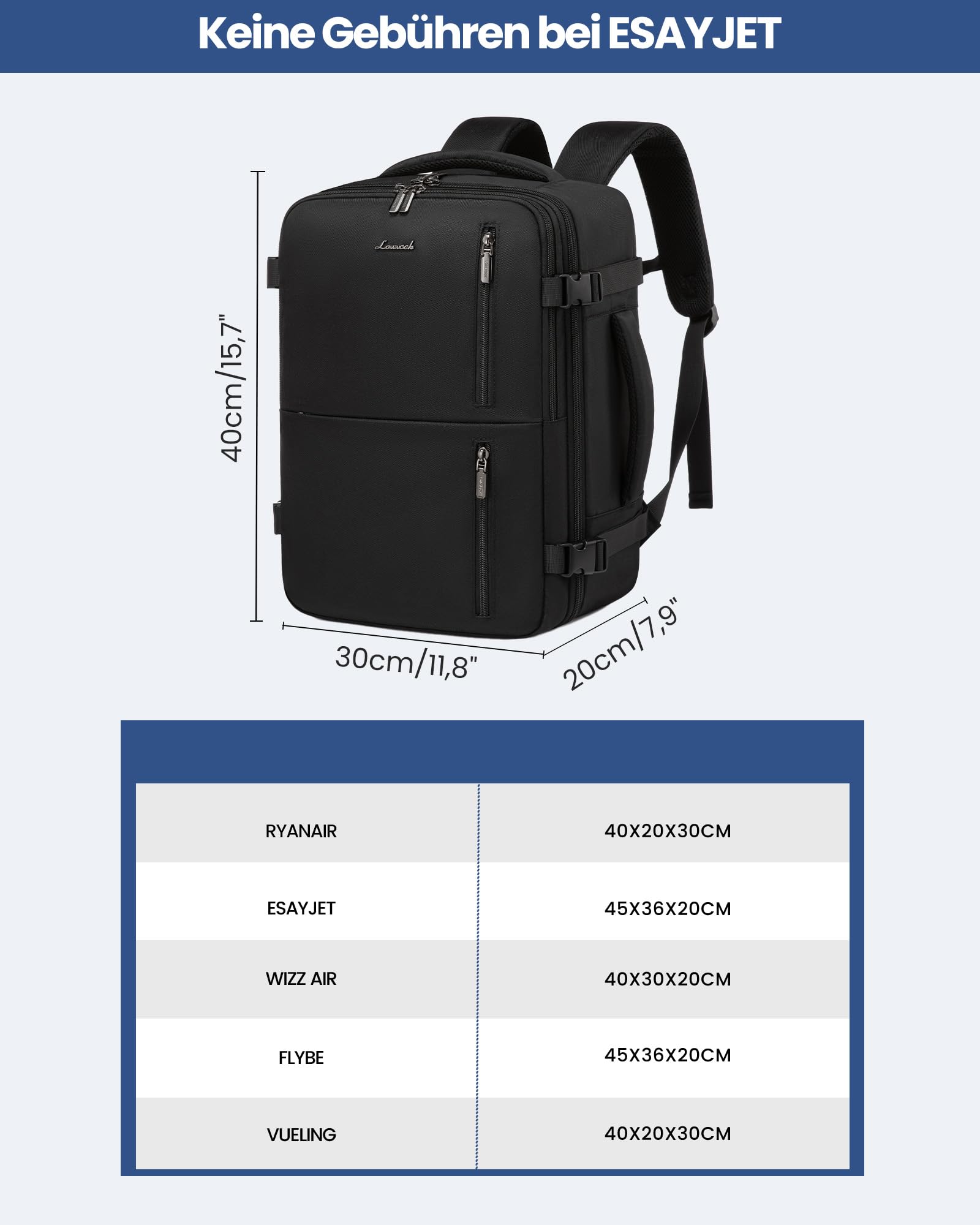 LOVEVOOK Handgepäck Rucksack 40x30x20, Reiserucksack Flugzeug Damen Herren, Carry On Luggage Travel Backpack 24l für 14 Zoll Laptop, Cabin Kofferrucksack mit USB für Arbeit Business Reisen, Schwarz