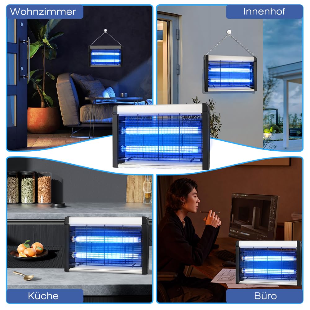 Insektenvernichter Elektrisch, Leistungsstark 3500V & 20W UV Elektrische Fliegenfalle, Mückenlampe mit Waschbares Tablett und Aufhängekette Geeignet für Schlafzimmer, Wohnzimmer, Esszimmer