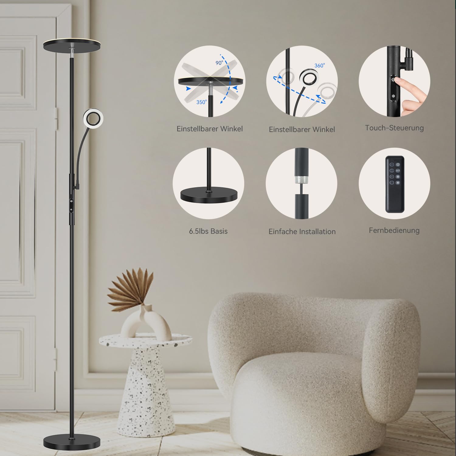 Modlicht Stehlampe Dimmbar 4200LM, 3000-6000K Stehlampe Wohnzimmer, Deckenfluter LED Dimmbare mit Fernbedienung & Touch-Steuerung, Stehleuchte Leselampe für Schlafzimmer Büro Höhle, Schwarz